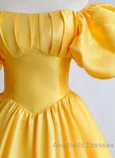 Yellow Satin Short Sleeves Party Dresses, Yellow Satin Evening Prom Dresses Formal Dresses
